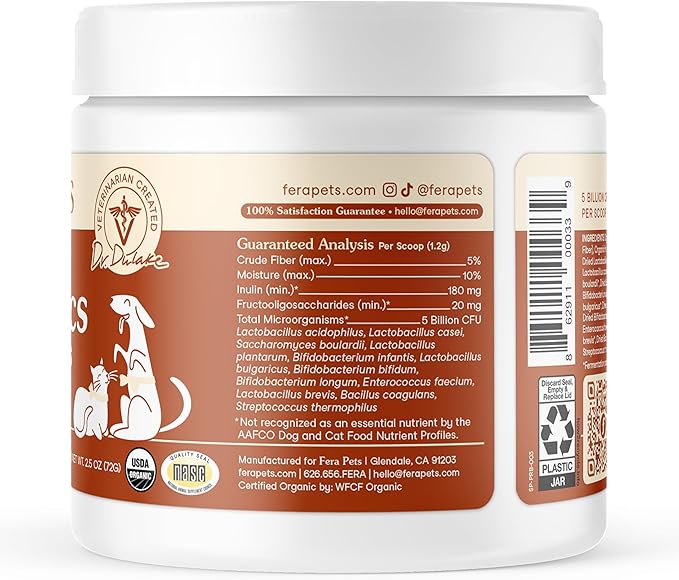 Fera Pets Probiotics for Dogs & Cats with Prebiotics - USDA Organic - Gut Health Powder Supplement with 12 Strains and 5 Billion CFUs - Supports Immunity, Energy and Skin & Coat - 60 Scoops