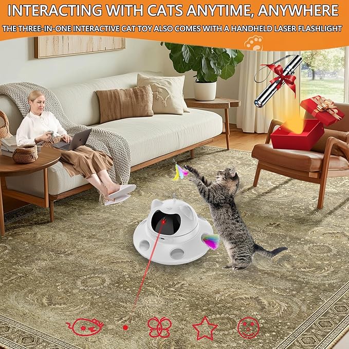3-in-1 Cat Laser Toy & Interactive Automatic Motion-Activated Kitten Toy ā 6 Holes Whack-A-Mole Feather & Moving Ambush Fun ā USB Rechargeable, Apply to ā Indoor Exercise for Cats of All Breeds