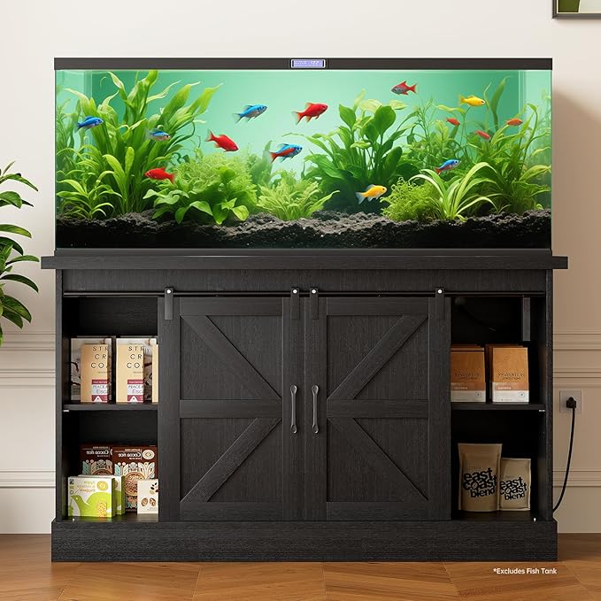 Fish Tank Stand Up to 75 Gallon, Aquarium Stand with Sliding Barn Doors & Power Outlet, Black Farmhouse Style Stand with Cabinet Storage for Fish Tank, Turtle Tank, Reptile Terrarium,1000LBS Capacity
