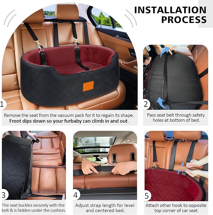 Dog Car Seat for Medium Dogs Up to 50 lbs, Pet Booster Seat for Cars SUVs and Trucks, Travel Dog Bed with Safety Strap, Thick Cushion, Non-Slip Base, Washable and Portable(Black/Red