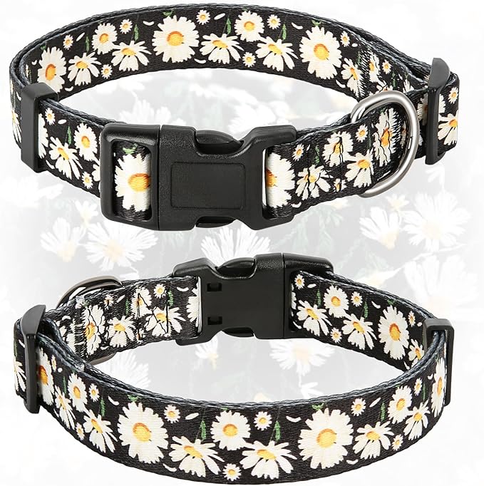 HEELE Dog Collar, Adjustable Soft Dog Collar for Small Medium Large Dogs,Daisy Floral Patterned Puppy Collars with Quick Release Buckle Daisy Black S Length 9.84''-14.96'