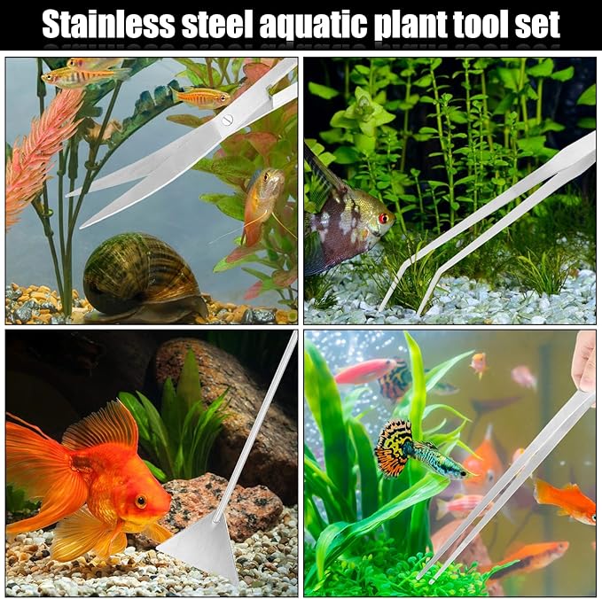 Aquarium Aquascaping Tool Stainless Steel Aquascape Tools Kit 4 in 1 Anti-Rust Fish Tank Starter Kit with Tweezers Scissors Spatula for Aquarium Plants (Silver)