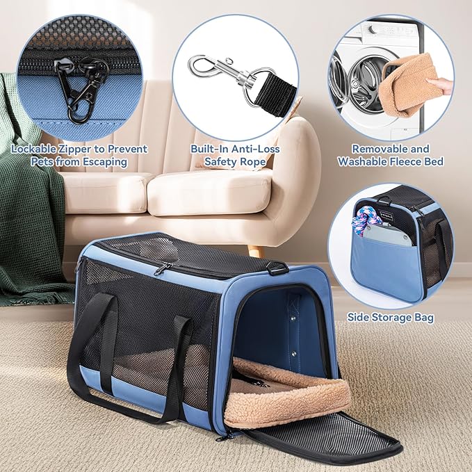 PETSFIT Soft-Sided Cat Carriers & Car Seats with Patent Safe Buckles, Clip-On Harness,18"x11"x11" Airline Approved Pet Carrier - 9 lbs Capacity (Blue)