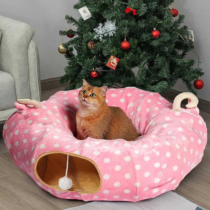 AUOON Cute Cat Donut Tunnel - Round Cat Tunnel Bed with Washable Cushion Interactive Cat Toy for Indoor Cats Kitten Kitty Puppy Rabbit Ferret (Pink)