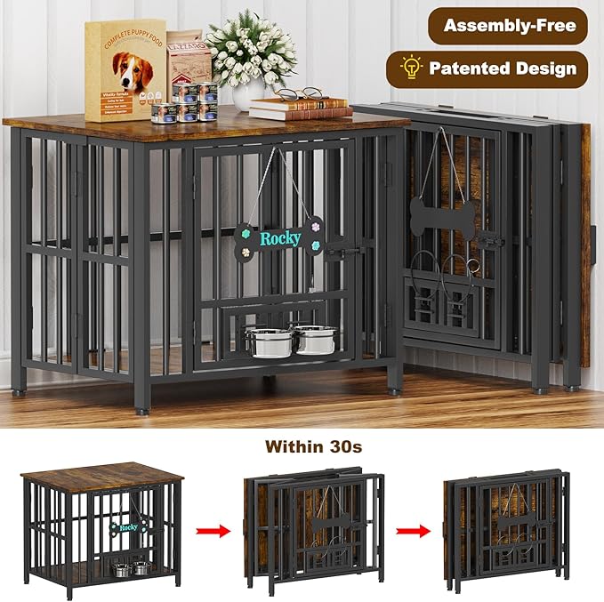 Easycom 31" Dog Crate Furniture Foldable, No Assembly Decorative Dog Kennel Indoor, Dog Crates for Small Dogs (20-40 lbs), Wooden Dog Cage with Adjustable Bowls and Name Tag, End Table, Rustic Brown