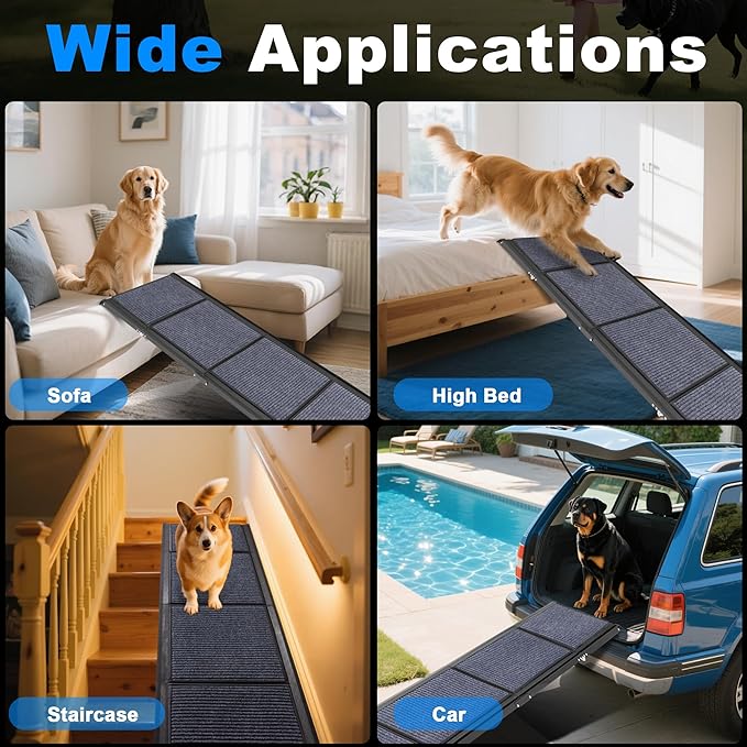 AQUILLA Dog Ramp for Car, 63" Folding Portable Dog Ramp with Non-Slip Rug Surface, Extra Wide Pet Ramps for Cat & Dogs Get on Bed, Cars, Stairs,Pick Up Trucks, Up to 250LBS (63" L x 17.3" W)