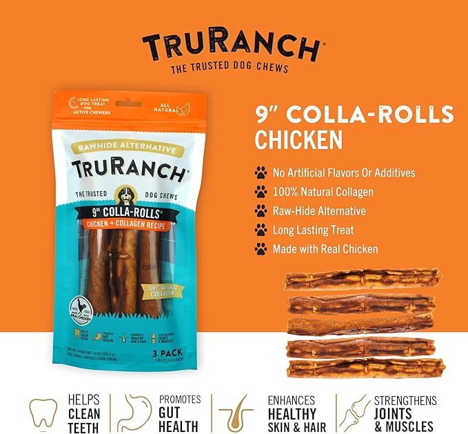 Collagen Rolls - 9" Collagen Rolls for Dogs - Long Lasting Healthy Joint Support Dog Treat - Rawhide Alternative - Skin & Coat Health - Made with Real Chicken, 1 Bag, 3 Count