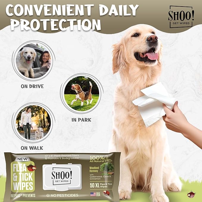 Shoo! Flea & Tick Wipes for Dogs | Convenient, Easy On-The-Go Protection | Plant Based, Natural Oils, Chemical Free | Repels & Prevents | 50 XL Wipes | (Woodland Harmony)