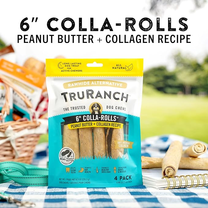 Collagen Rolls - 6" Collagen Rolls for Dogs - Long Lasting Healthy Joint Support - Rawhide Alternative - Skin & Coat Health - Made with Real Peanut Butter, Value Pack, 3 Bags, 12 Count