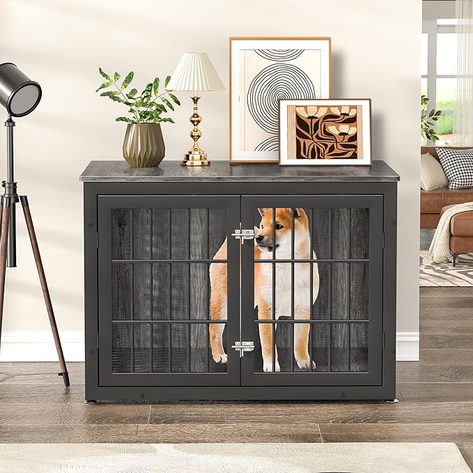 38" Heavy Duty Dog Crate Furniture for Large and Medium Dogs,Wooden Metal Kennel for High Anxiety Dogs, Chew Proof Cage Indoor, Decorative Kennel End Table