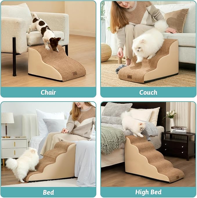 Dog Stairs for High Bed 22.6" H, Small Dog Step for Puppy, Older or Cat, Curved Ramp for Car, Ladder with High Density Foam, Lightweight, Durable, 15.7x33x22.6 inch, 5 Step, Light Brown