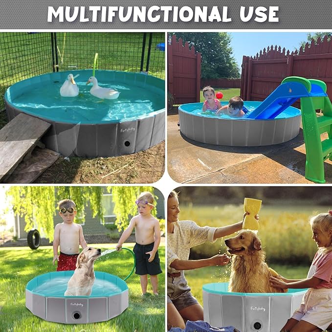 Furrybaby Foldable Dog Pool, Kiddie Pool Hard Plastic, Collapsible Pet Bath Portable Dog Swimming Pool for Pet, Dogs and Cats Grey 32''