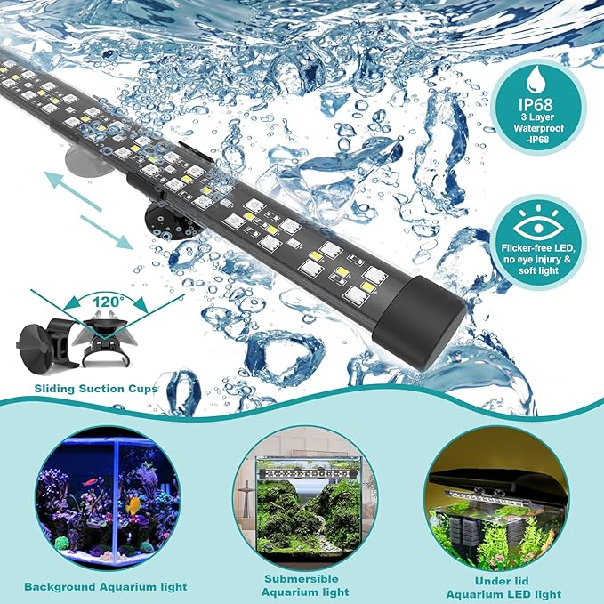 Submersible Aquarium Light for 28 to 54 Inch Fish Tank, 24/7 Cycle Fish Tank Light with Timer, Aquarium Plant Light with Full Spectrum+7 Single Colors, Auto On/Off, Adjustable Brightness