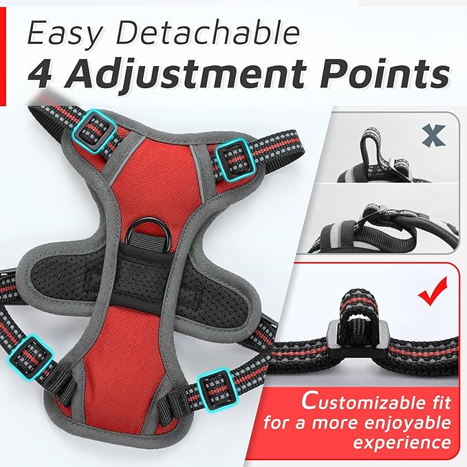 Eagloo Small Dog Harness No Pull, Service Vest with Reflective Strips and Control Handle, Adjustable and Comfortable for Easy Walking, No Choke Pet Harness with 2 Metal Rings, Red, XS