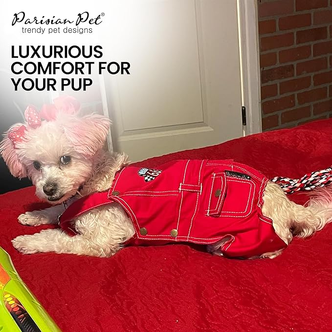 Parisian Pet Denim Overall w/ Embroidered Route 66 ' Red Dog Jumpsuit - Breathable, Machine Washable Dog Outfit - Large Dog, 2XL