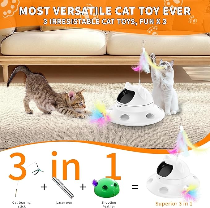 3-in-1 Cat Laser Toy & Interactive Automatic Motion-Activated Kitten Toy ā 6 Holes Whack-A-Mole Feather & Moving Ambush Fun ā USB Rechargeable, Apply to ā Indoor Exercise for Cats of All Breeds