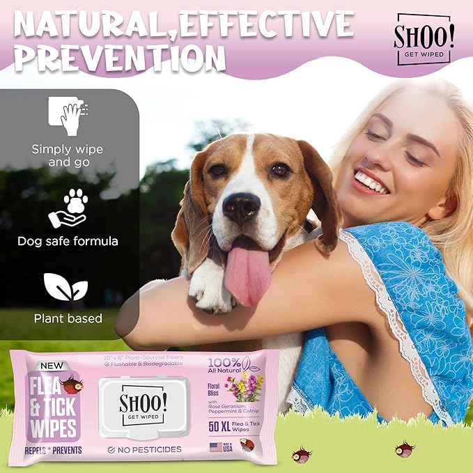 Shoo! Flea & Tick Wipes for Dogs | Convenient, Easy On-The-Go Protection | Plant Based, Natural Oils, Chemical Free | Repels & Prevents | 50 XL Wipes | (Floral Bliss)