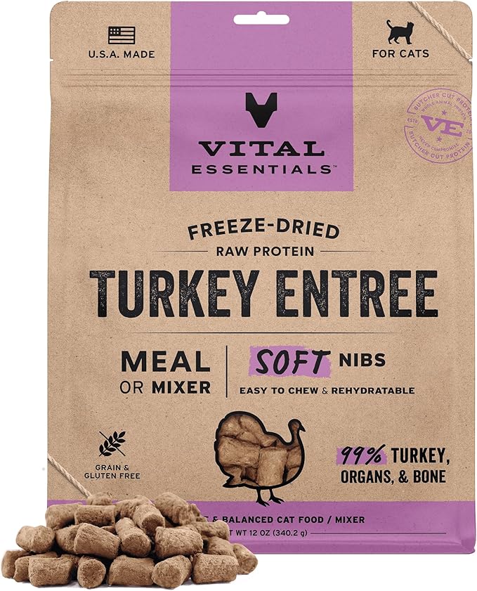 Vital Essentials Freeze-Dried Raw Turkey Meal or Mixer Cat Food Soft Nibs | 99% Turkey, Organs & Bone | 12 oz