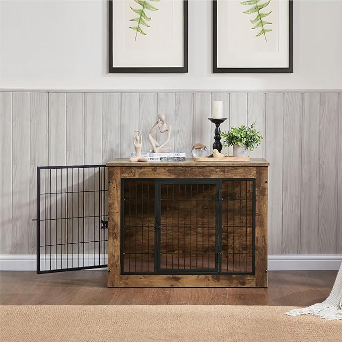 FLEXIMOUNTS Dog Crate Furniture with Cushion, Wooden Dog Kennel Furniture, Heavy Duty Dog Cage, 40" Dog Kennel with Double Doors, L