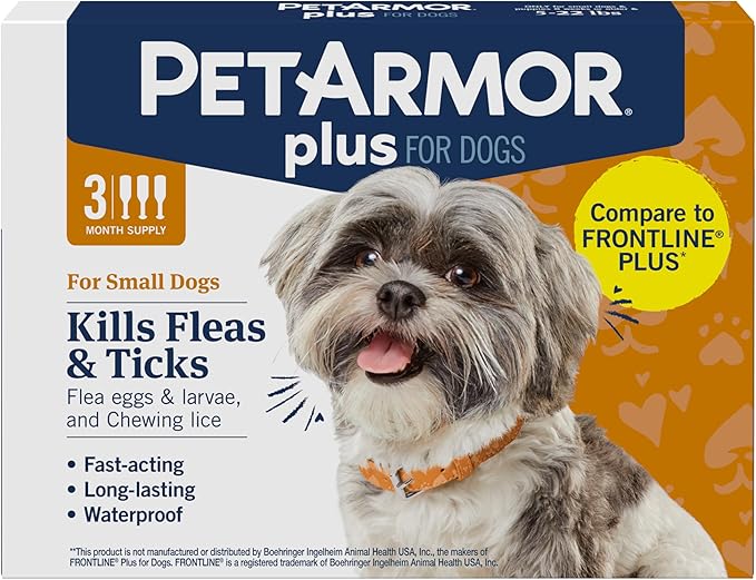 PetArmor Plus Flea and Tick Prevention for Dogs, Dog Flea and Tick Treatment, 3 Doses, Waterproof Topical, Fast Acting, Small Dogs (5-22 lbs)