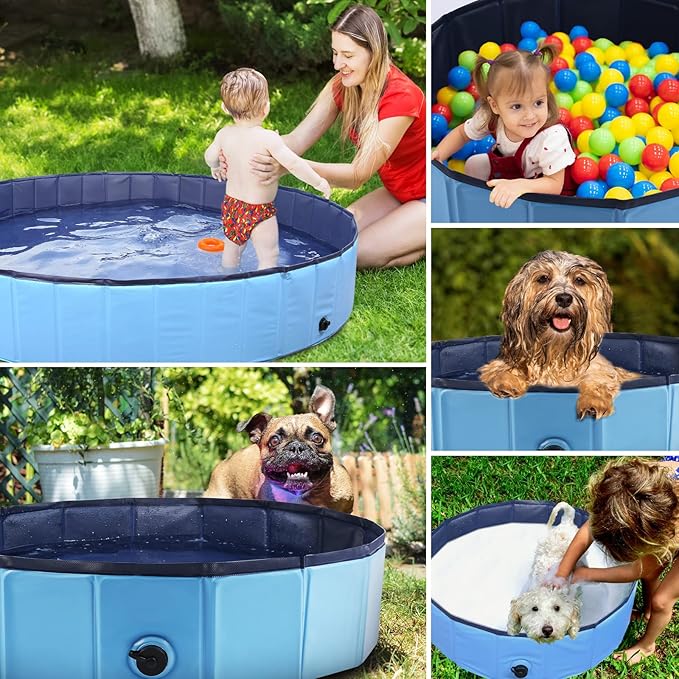 Foldable Dog Bath Swimming Pool Plastic Kiddie Pool Professional Tub Collapsible Grooming Bathtub for Pets Kids Baby and Toddler, 79 x 12 Inches Blue
