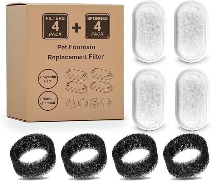 Cat Water Fountain Filters, Compatible with Stainless Steel Pet Fountain Replacement Filters for Cat Fountain (4 Filters& 4 Sponges)