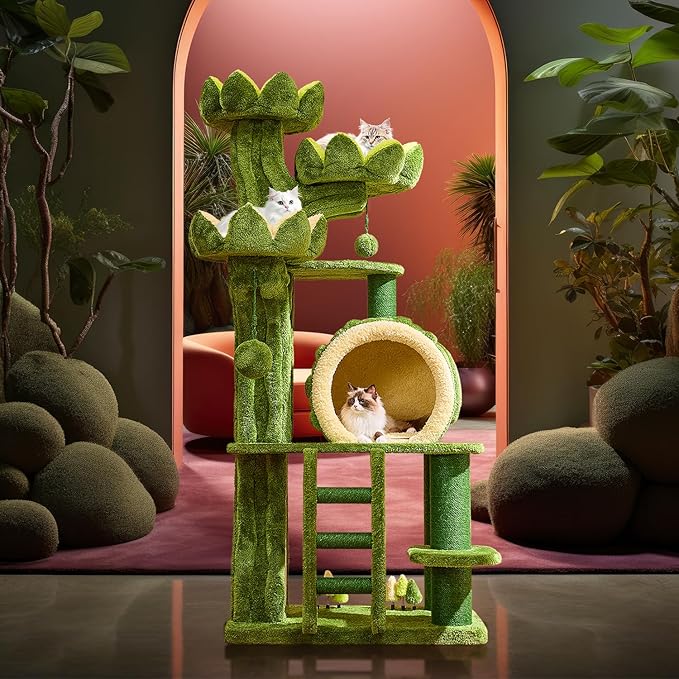 80.3'' Modern Cat Tree, Tall Cat Tower for Indoor Cats Adults, Luxury Climb Tower with Scratching Post, Heavy Duty Cat Condo with Ladder, Toys, Double Sided Mat, Lotus Perch for Multi-Cat Families