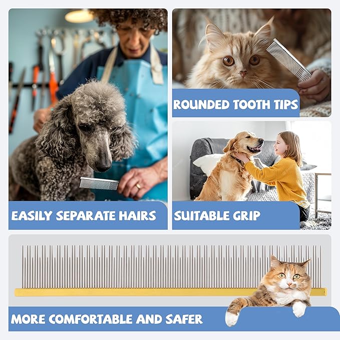8.5 Inch Dual Tooth Pet Comb for Mats and Tangles,Professional Grooming Comb Removing Excess Hair for Long-Haired Cats and Dog Kit,Prevent Undercoat, Excess Hair,Mats and Tangles,Pet Essential