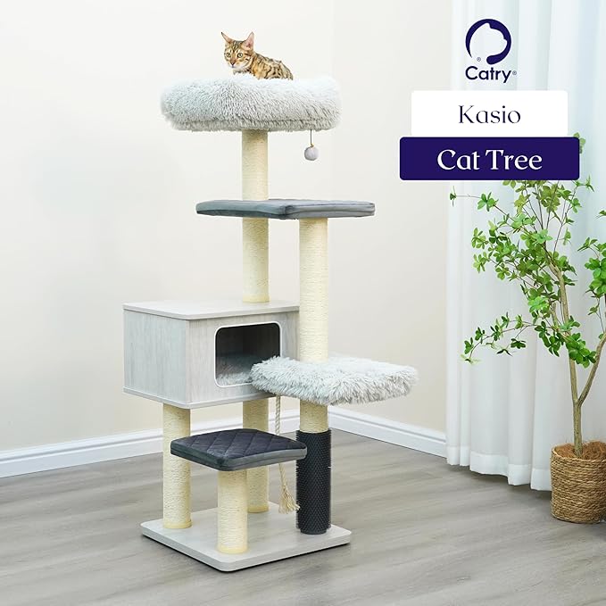 Catry Kasio 6 Level 54" High Modern Cat Tree with Laminated Wood Condo,Replaceable Scratching Posts,Removeable Washable Beds, Self Grooming Brush and Toys.(Light Gray)
