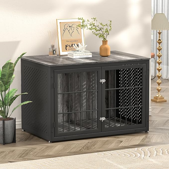 48" Heavy Duty Dog Crate Furniture for Extra Large Dogs, Metal Cage for High Anxiety Dogs, Wooden Kennel Furniture Indoor, Decorative Dog Kennel End Table, XL