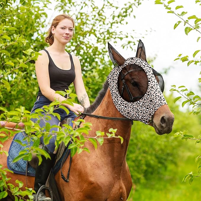 Chunful 6 Pcs Horse Fly Masks with Ears Smooth and Comfortable Cashel Mesh Fly Mask Elasticity Breathability UV Protection Horse Face Covering for Riding Supplies(Leopard,Medium)