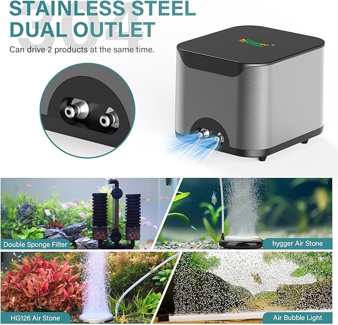 hygger Ultra Quiet Aquarium Air Pump: 6W Whisper Silent Adjustable Fish Tank Air Pump, Powerful Oxygen Aerator Bubbler Pump with Dual Outlets, Air Stone & Full Accessories for Up to 300 Gallon Tanks