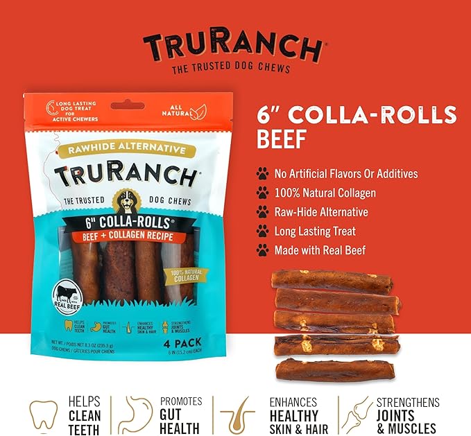 Collagen Rolls - 6" Collagen Rolls for Dogs - Long Lasting Healthy Joint Support - Rawhide Alternative - Skin & Coat Health - Made with Real Beef, Value Pack, 15 Bags, 60 Count