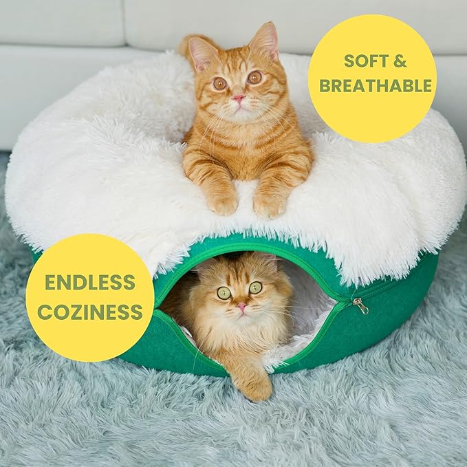 CATTASAURUS Peekaboo Cat Cave for Multiple & Large Cats Up to 30-45 Lbs, Fluffy Cat Beds & Furniture, Scratch Detachable & Washable Tunnel Bed, Comfy Donut Bed (Forest Green, Large (Calming))