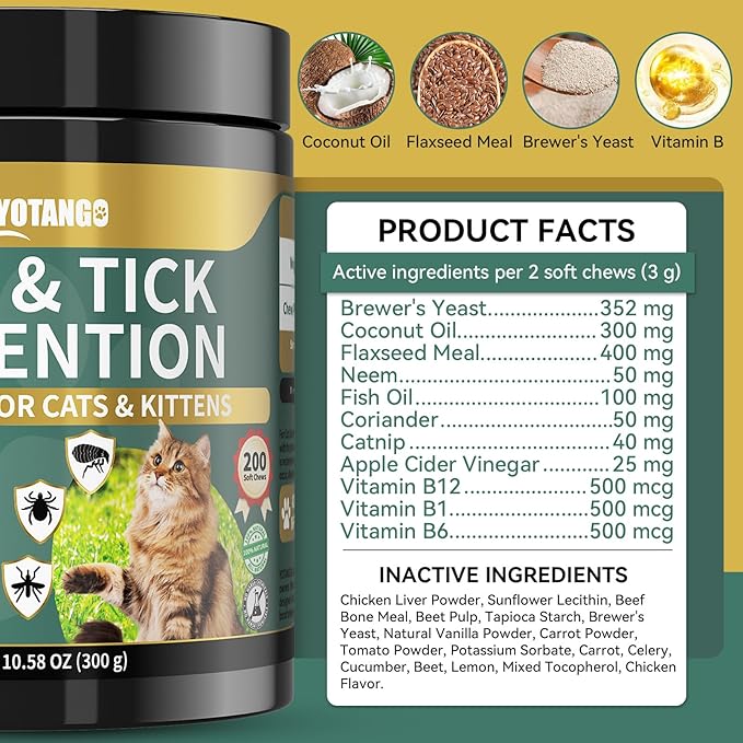 Natural Flea Treatment for Cats Chewables, 200 Soft Treats Flea and Tick Prevention for Cats, Oral Flea Supplement for Kitten Cat, Cat Flea and Tick Treatment, Skin & Coat Support - All Breeds & Ages