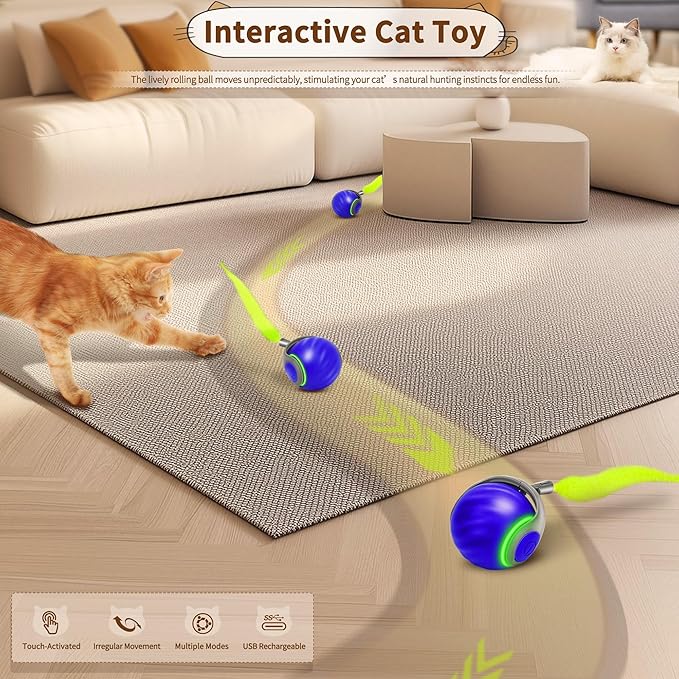 Speedy Tail 2.0 Interactive Cat Toy β Smart Self-Rolling Cat Ball with Feather Tail, Automatic Moving Motorized Toy for Indoor Cats, Chasing & Hunting Fun (Blue)