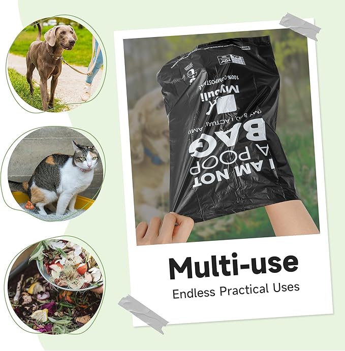 100% Certified Compostable Dog Poop Bag Rolls, 120 Bags (8 Rolls) Eco-Friendly Poop Bags for Dogs, Leak Proof Unscented Easy Open Poop Waste Bag(Black)