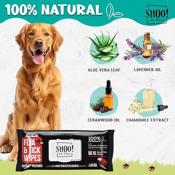 Shoo! Flea & Tick Wipes for Dogs | Convenient, Easy On-The-Go Protection | Plant Based, Natural Oils, Chemical Free | Repels & Prevents | 50 XL Wipes (2 Pack) | Original -Lavender