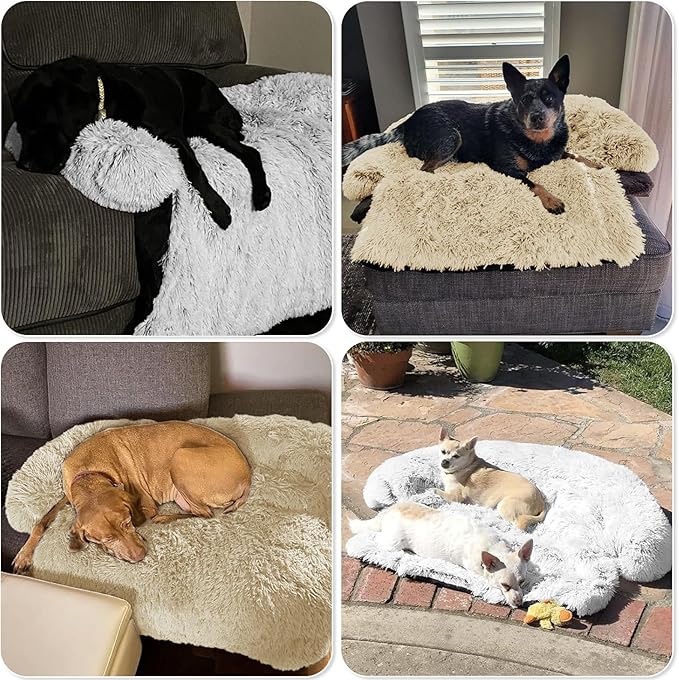 Calming Dog Bed Fluffy Plush Dog Mat for Furniture Protector with Removable Washable Cover for Large Medium Small Dogs and Cats (Extra Large (53x39.3x6), Beige)