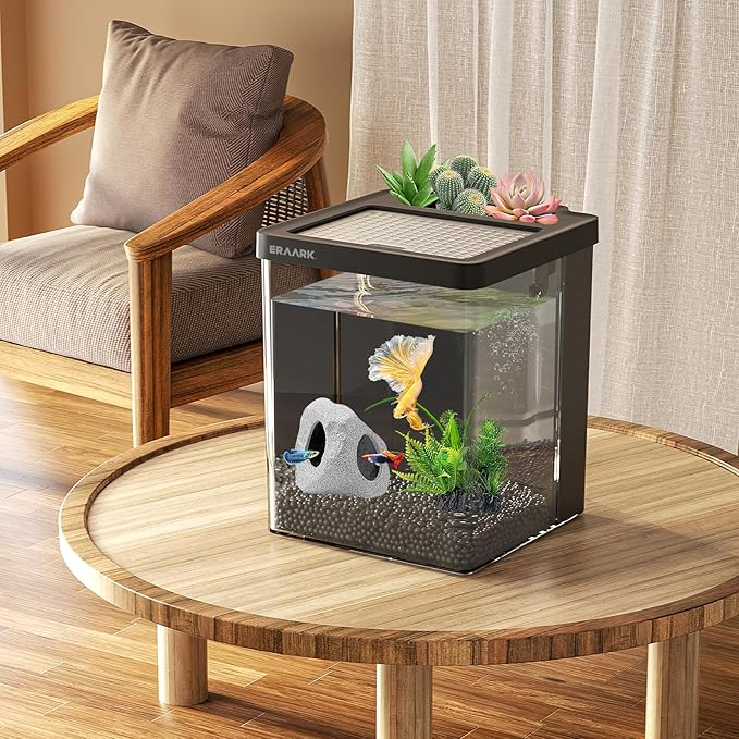 Betta Fish Tank,Aquarium kit 1.5 Gallon Fish Tank,with Filter LED Light, Water Pump, Decorate Water Plants and Sand, Aquarium Starter Kits, Fish Bowl