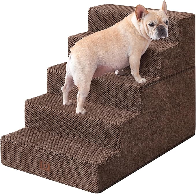 EHEYCIGA Dog Stairs for High Bed 25" H, 5-Step Extra Wide Dog Steps for Bed, Pet Steps for Small Dogs and Cats, Non-Slip Balanced Pet Ramp Indoor, Brown