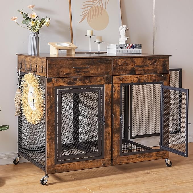 43" Large Dog Crate Furniture, Wood Dog Kennel End Table with Drawers, Decorative Pet Crate with Removable Partitions & Wheels, Dog House Indoor for Large/Medium/Small Dogs