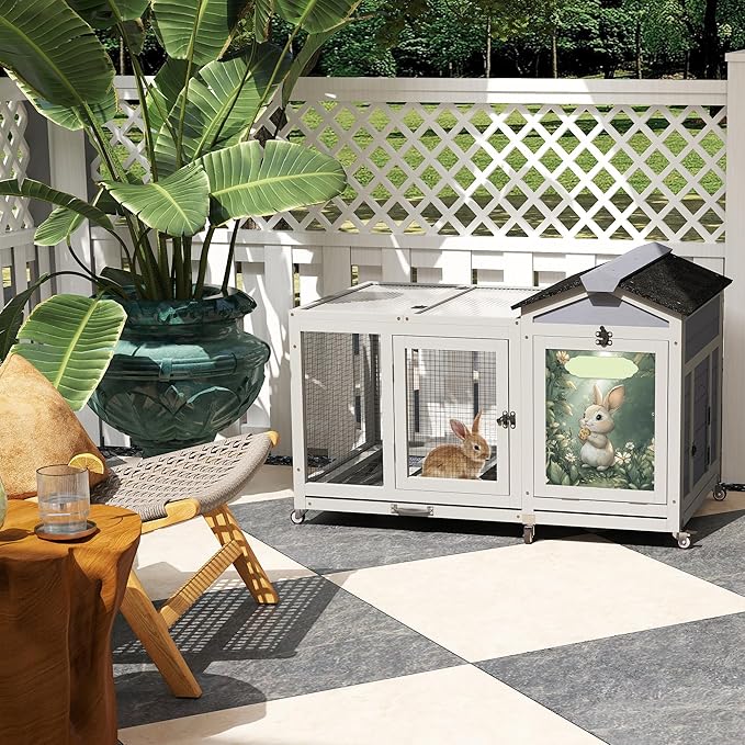 COZIWOW 39inches Assembled Wood Rabbit Hutch Indoor,Wide Space Small Animal Houses with Removable Tray&Safety Lock,Bunny Cage with Waterproof Roof&Solar Panels (Grey with Pattern)
