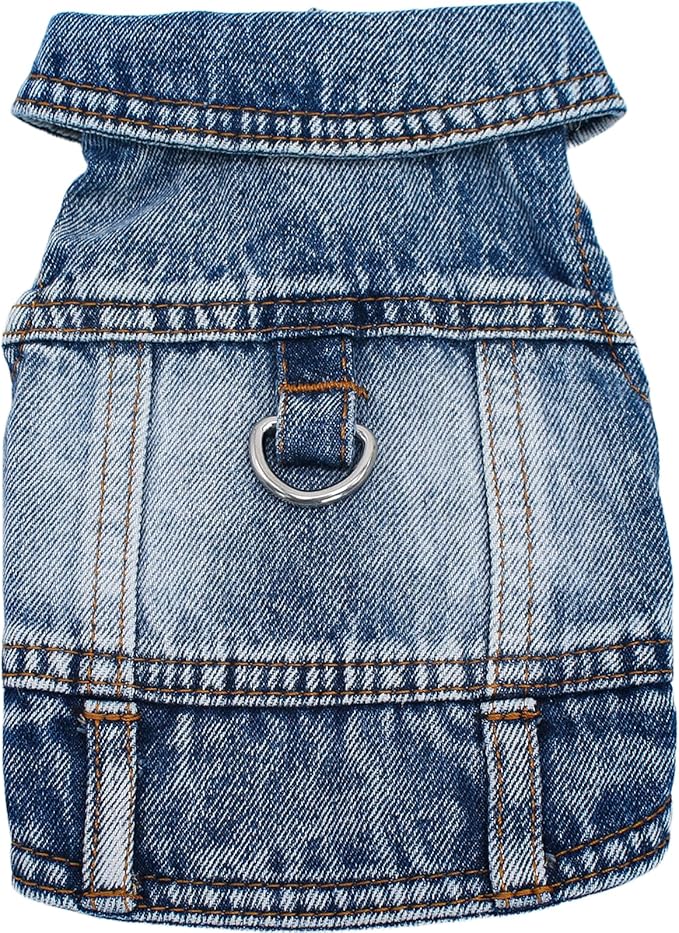 Puppy Clothes for Small Dogs Boy,Classic Western Denim Dog Coat,Dog Jeans Jacket with Leash D-Ring,Pet Cat Costumes,Cooling Harness Vest for Walking (Blue, Small)