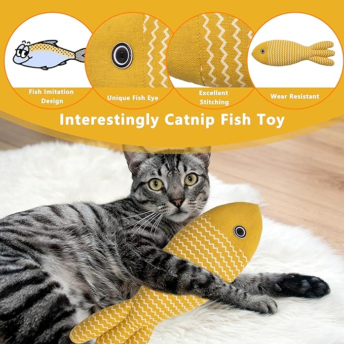 Interesting Catnip Toys Fish, 1 Pack Large Cat Toys, Soft Indoor Cat Kicker Toys, Durable and Highly Interactive Catnip Toys(Yellow Fish)