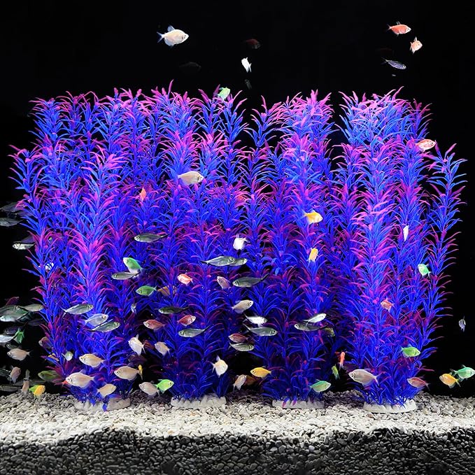 JIHAQUA 2 Pack Aquarium Decor Plastic Plants Extra Large 21 Inches Tall Fish Tank Decorations (Purple 4pcs)