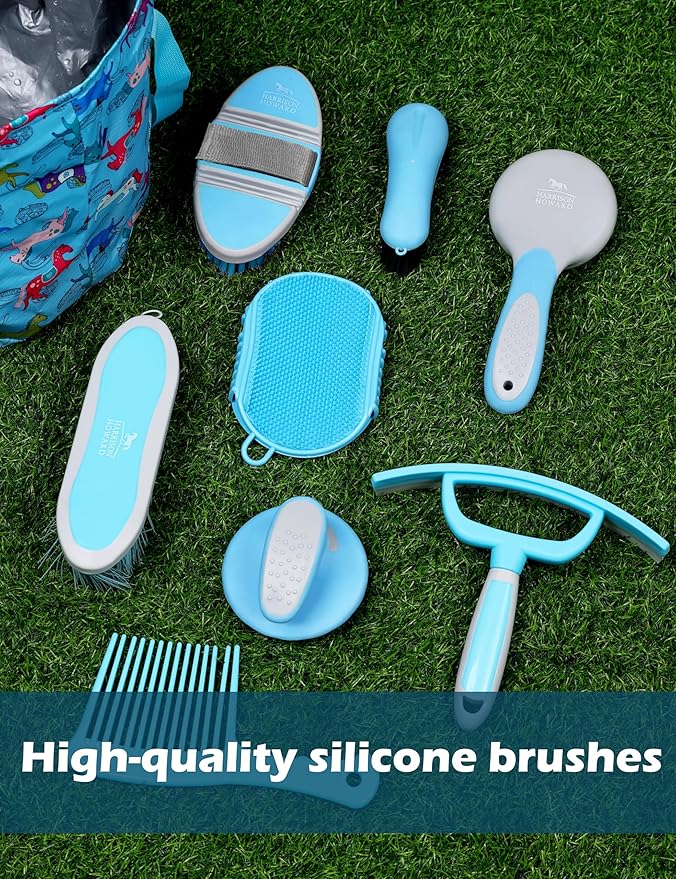 Harrison Howard Horse Grooming Kit 11-Piece Equine Care Series Horse Brush Sets with Organizer Tote Bag Tack Room Supplies Shedding Grooming Massaging Tools Blue Brushstroke Ponies