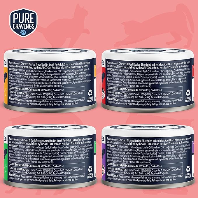 Chicken Recipe in Broth, Shredded Wet Cat Food, Variety Flavor Pack: Chicken, Lamb, Duck, Beef; Grain-Free Protein, Non-GMO