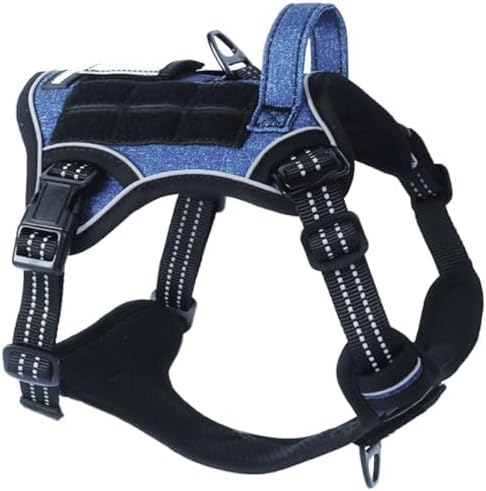 BUMBIN Tactical Dog Harness for Small Dogs No Pull, Famous TIK Tok No Pull Puppy Harness, Fit Smart Reflective Pet Walking Harness for Training, Adjustable Dog Vest Harness with Handle Denim Blue XS