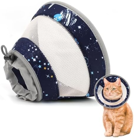 Breathable Air Mesh Cat Cone Collar Soft - Adjustable Recovery Collar to Stop Licking After Surgery, Foldable Lightweight E-Collar for Cats & Kittens (Sky Star, S)